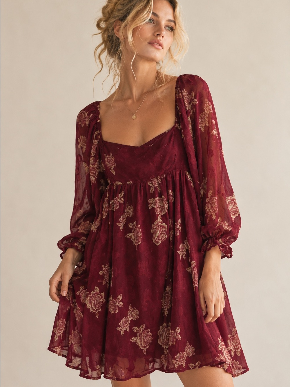 Romantic Maroon Floral Long-Sleeve Square Neck Dress